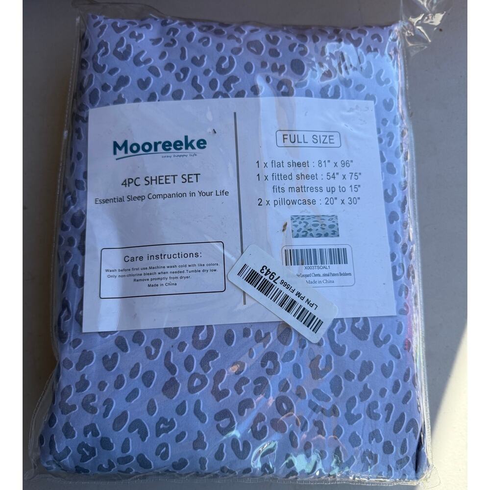 Full Size Bedding 4 Pc Grey Leopard Sheet Set  NEW